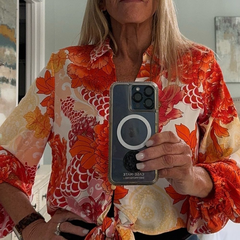 Joie Long Sleeve Orange & White floral tie@waist button down- NWOT- size small - Picture 10 of 16
